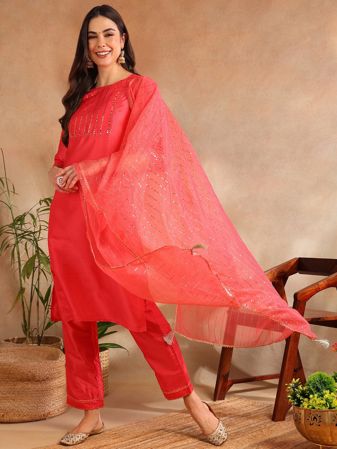 

KALINI Geometric Yoke Design Gotta Patti Detailed Straight Kurta & Trouser With Dupatta, Fuchsia