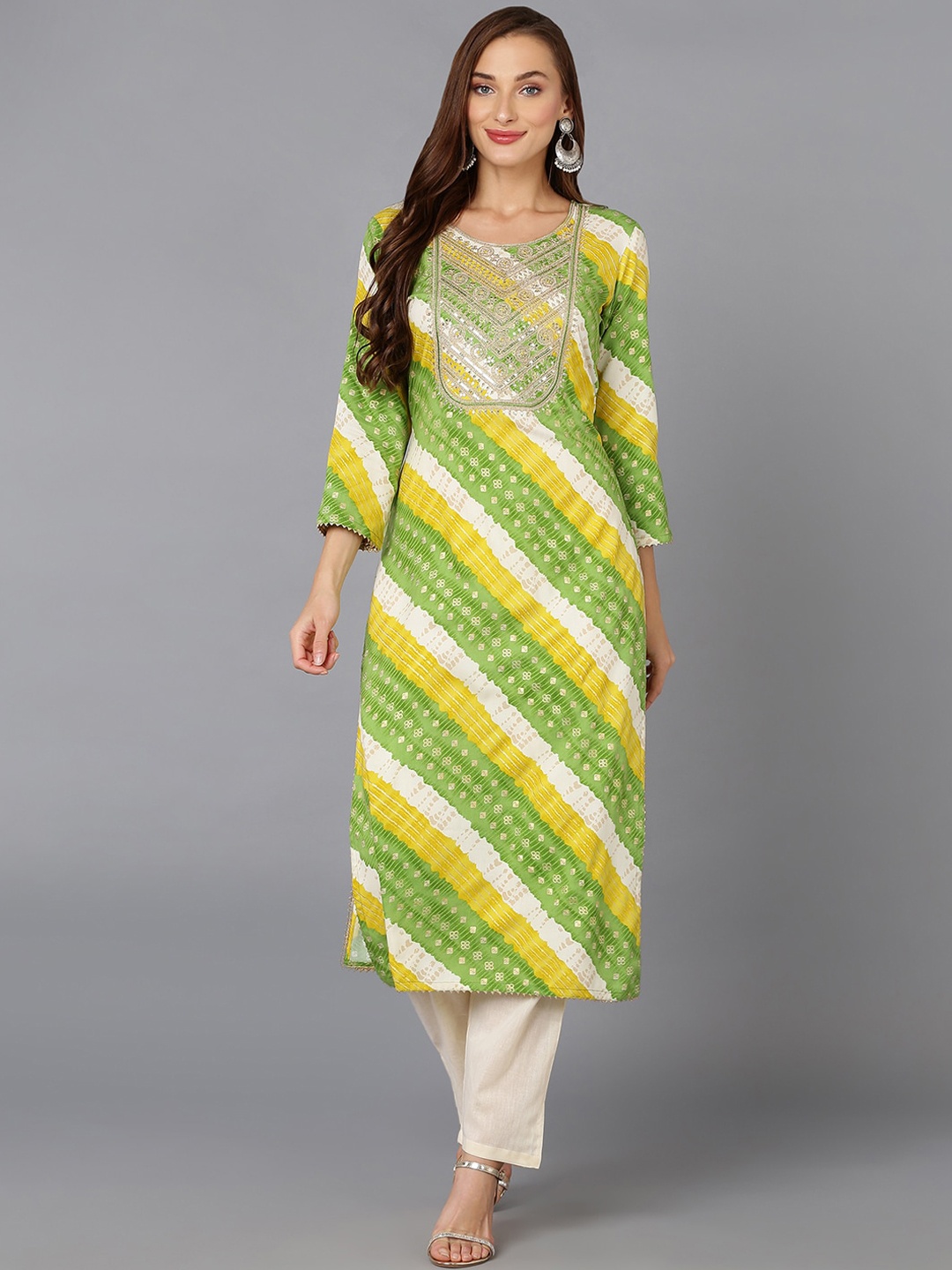 

KALINI Leheriya Printed Round Neck Sequinned Straight Kurta, Green
