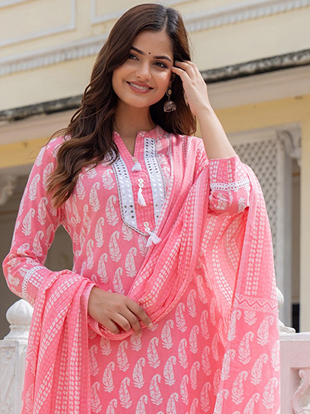 

KALINI Paisley Printed Mirror Work Pure Cotton Kurta With Trousers & Dupatta, Pink