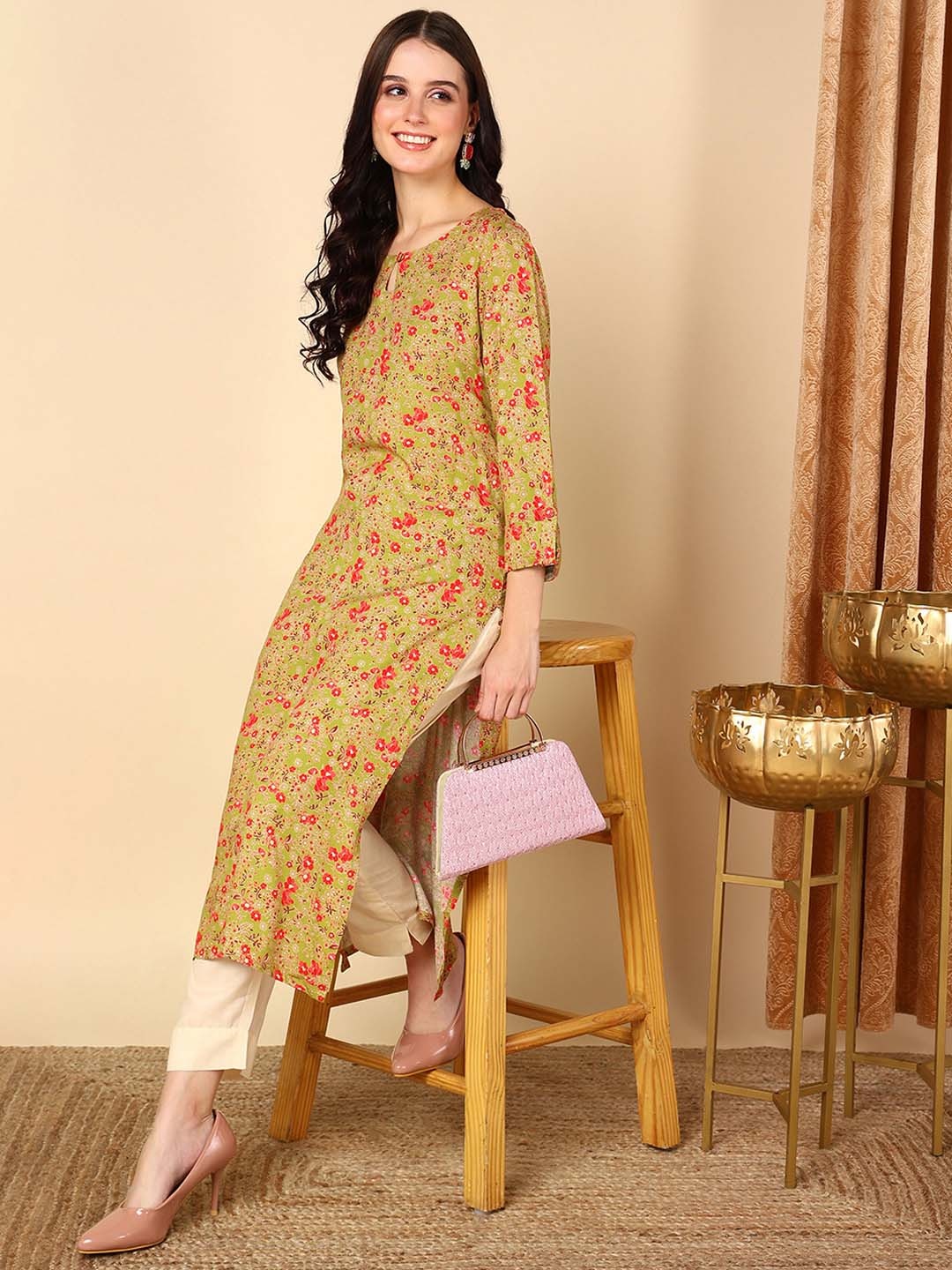 KALINI Women Floral Printed Keyhole Neck Mirror Work Kurta, Mustard