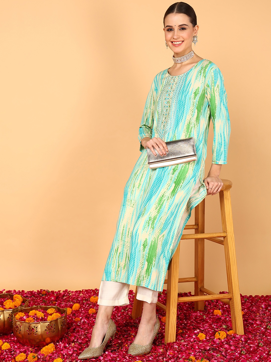 

KALINI Abstract Printed Round Neck Sequinned Straight Kurta, Turquoise blue