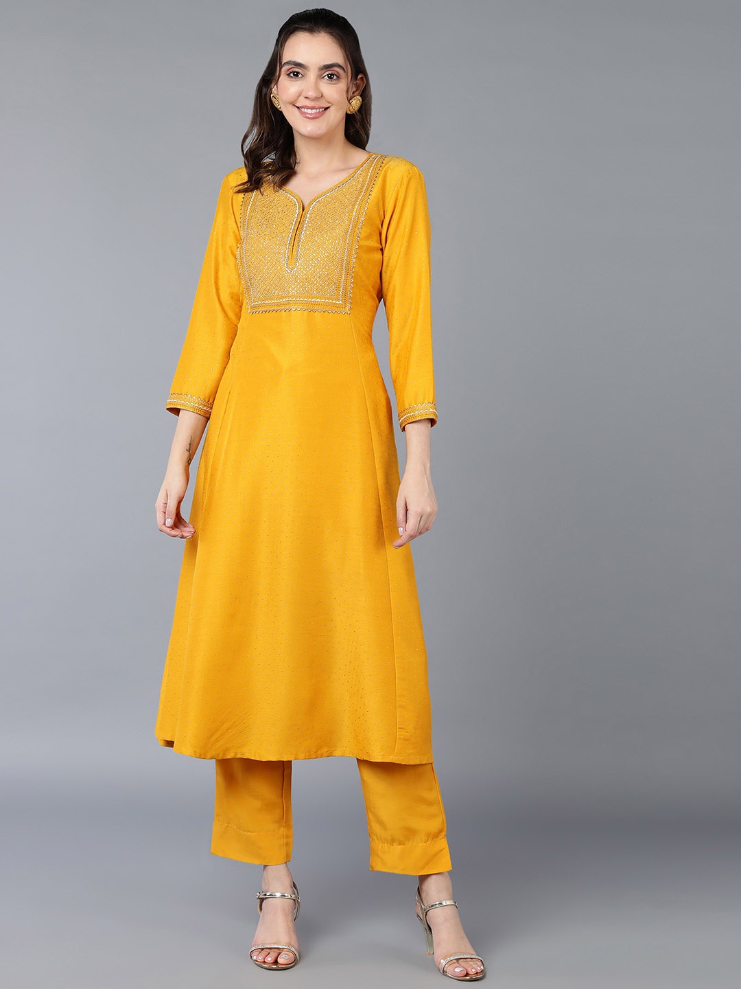 

KALINI Geometric Yoke Design Notched Neck Gotta Patti A-Line Kurta, Yellow