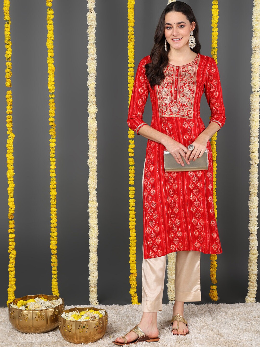 

KALINI Ethnic Motifs Printed Zari Work Straight Kurta, Red