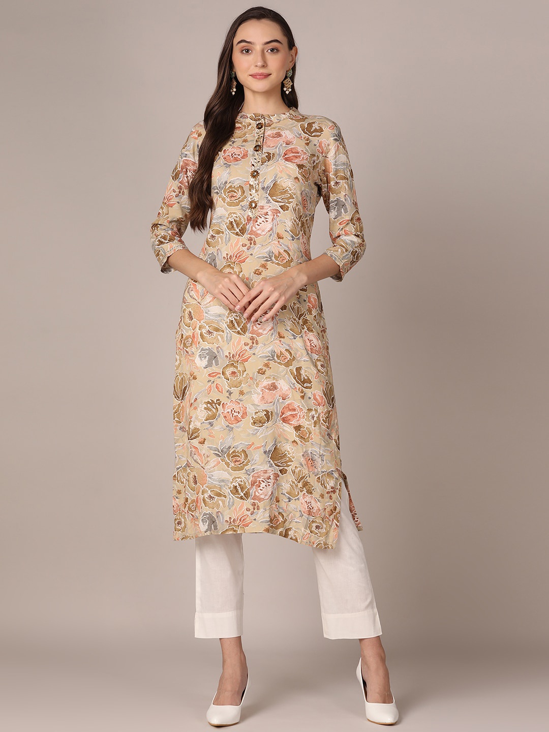 

KALINI Floral Printed Mandarin Collar Straight Kurta, Cream