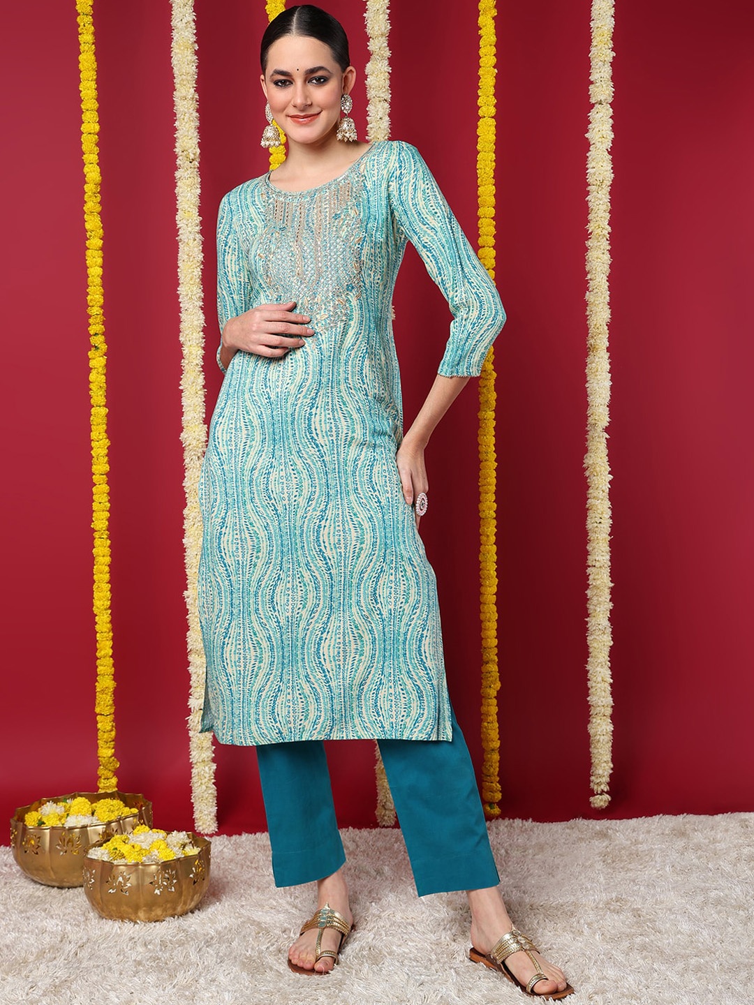 

KALINI Abstract Printed Round Neck Sequinned Straight Kurta, Blue