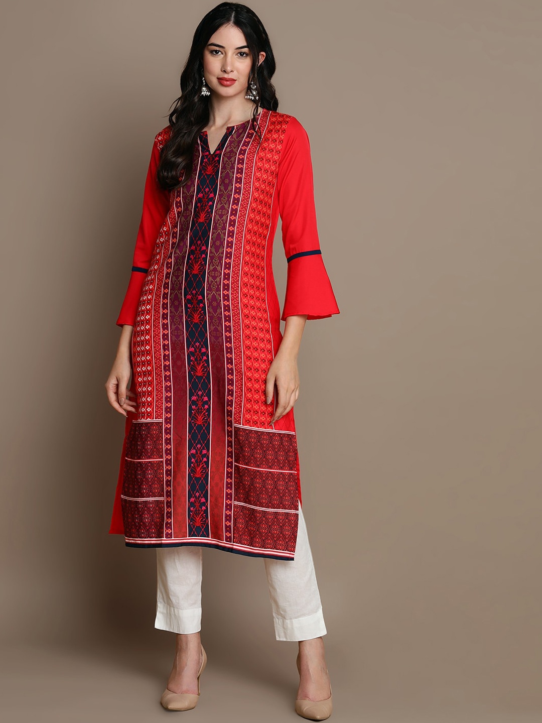 

KALINI Geometric Printed Mandarin Collar Bell Sleeves Straight Kurta, Red