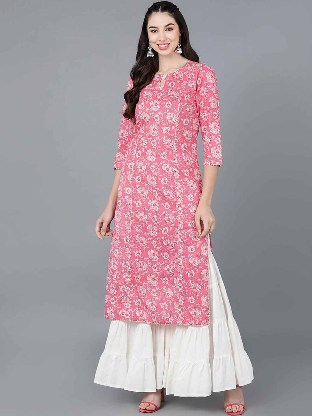 

KALINI Floral Printed Notched Neck Gotta Patti Straight Kurta, Pink