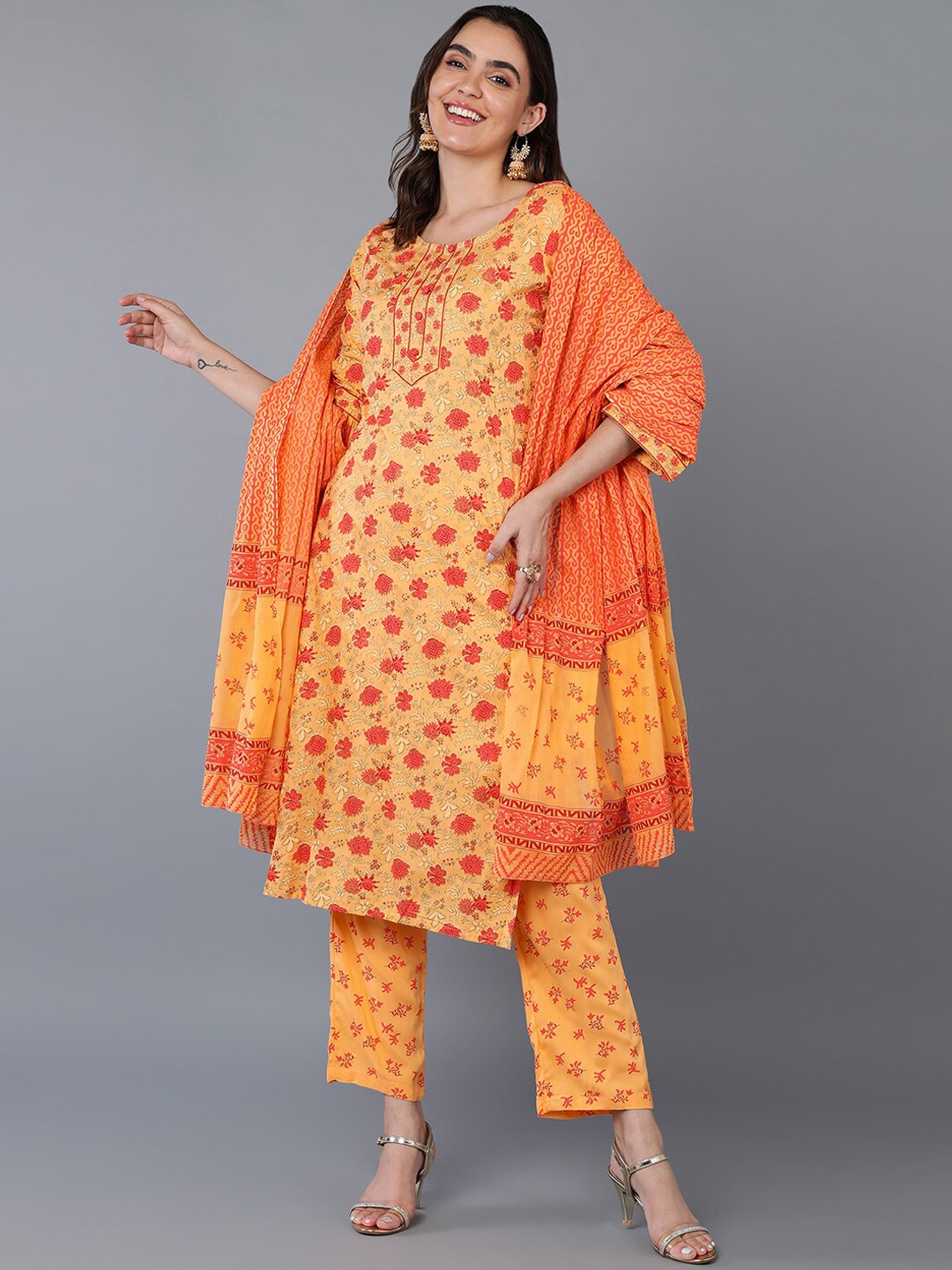 

KALINI Floral Printed Pure Cotton Straight Kurta with Trousers & With Dupatta, Orange