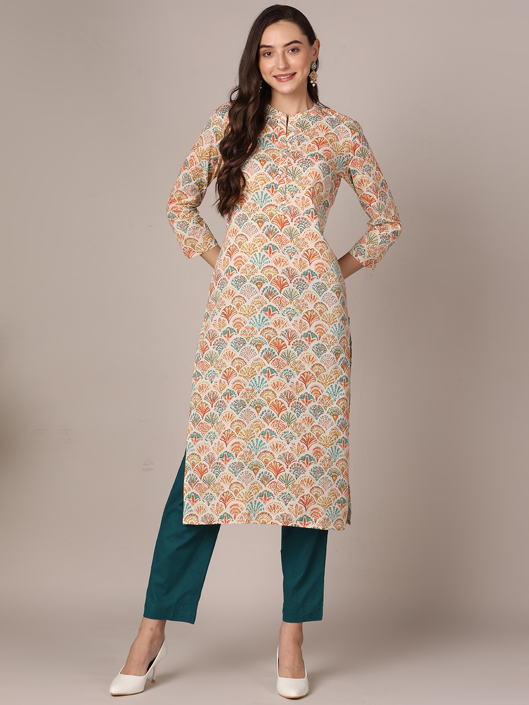 

KALINI Women Floral Printed Thread Work Kurta, White