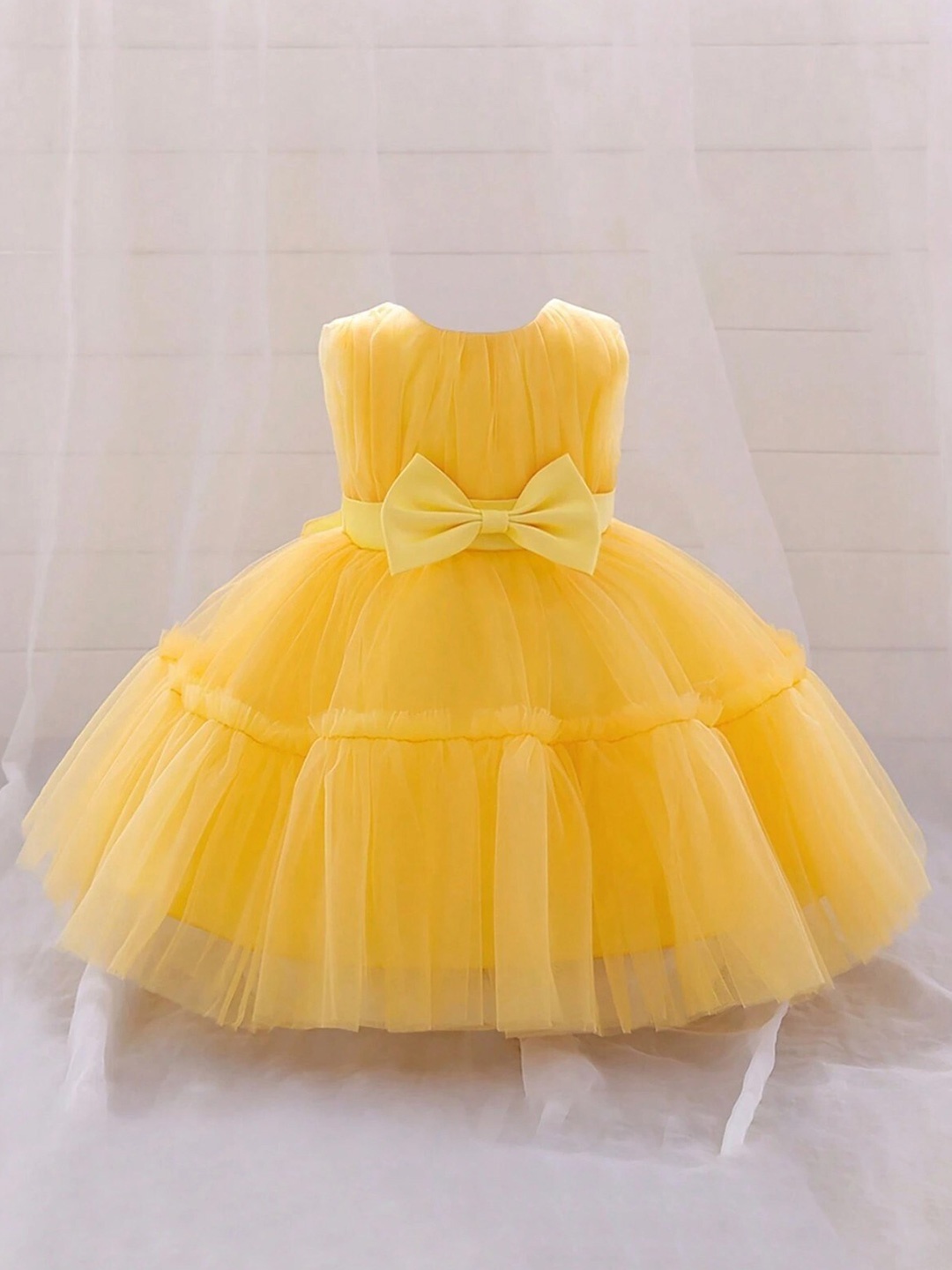 

BAESD Girls Round Neck Ruffled Net Bow Detail Fit & Flare Dress, Yellow