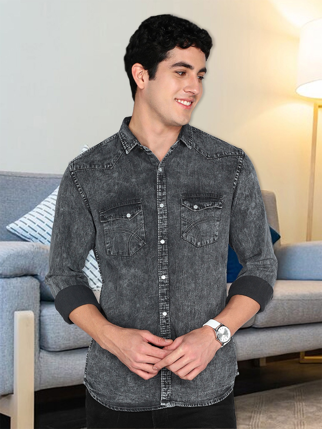 

Kuons Avenue Smart Slim Fit Opaque Faded Denim Casual Shirt, Grey