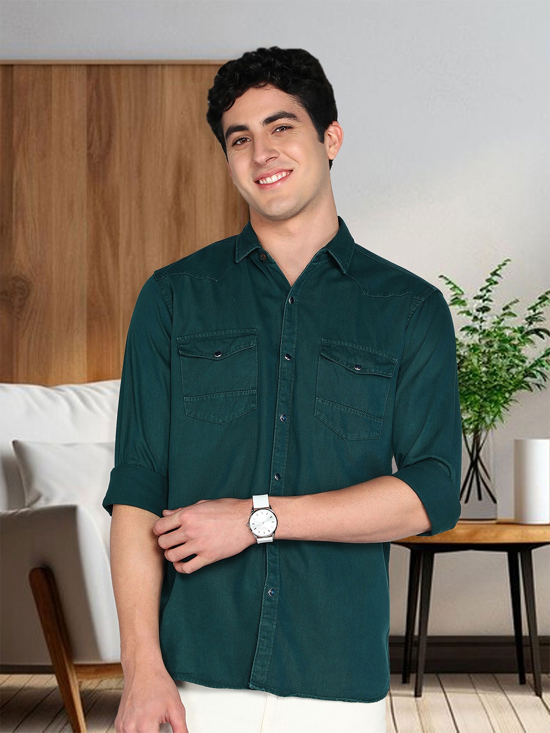 

Kuons Avenue Smart Slim Fit Opaque Denim Casual Shirt, Green
