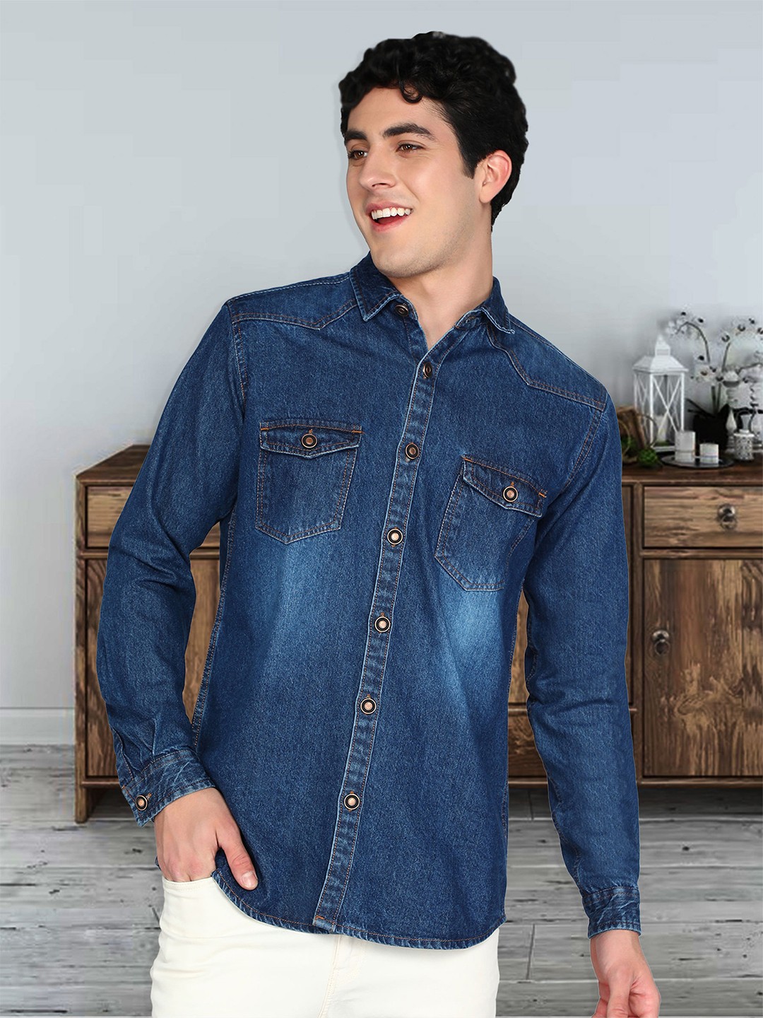 

Kuons Avenue Smart Slim Fit Denim Shackets, Blue