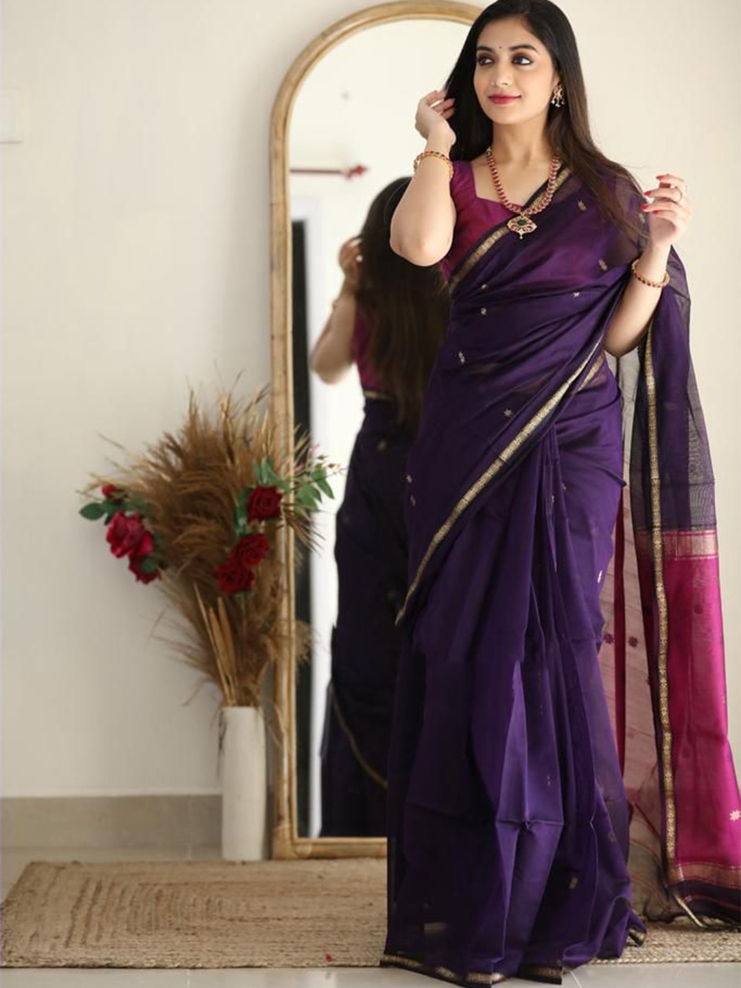 

Jinal & Jinal Floral Woven Design Zari Art Silk Chanderi Saree, Purple