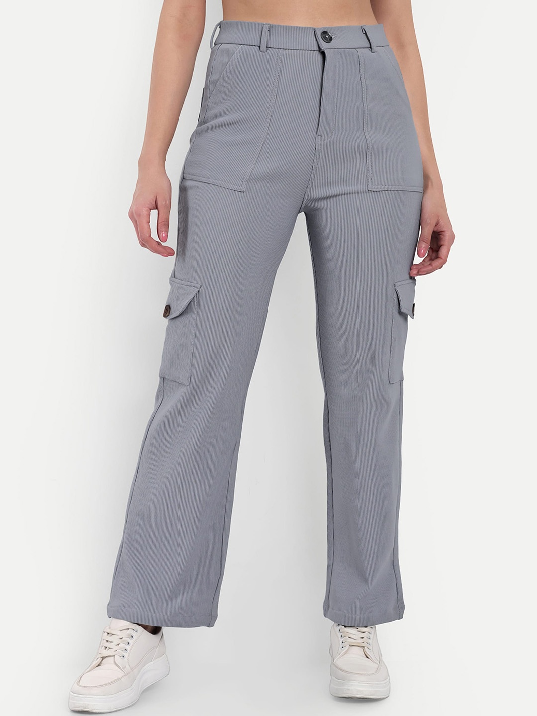 Next One Women Smart Straight Fit High-Rise Easy Wash Corduroy Cargos Trousers, Grey