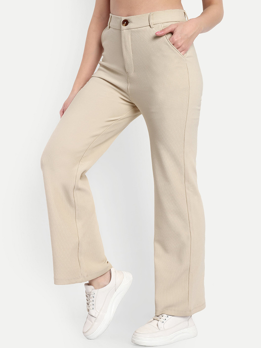 

Next One Women Smart Straight Fit High-Rise Easy Wash Corduroy Parallel Trousers, Beige