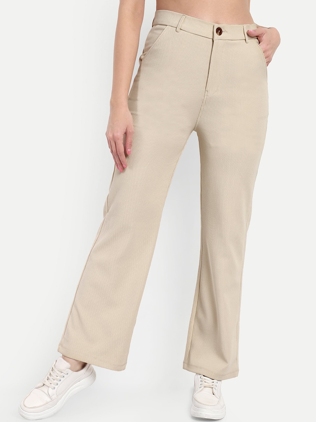 

Next One Women Smart Straight Fit High-Rise Easy Wash Corduroy Trousers, Beige