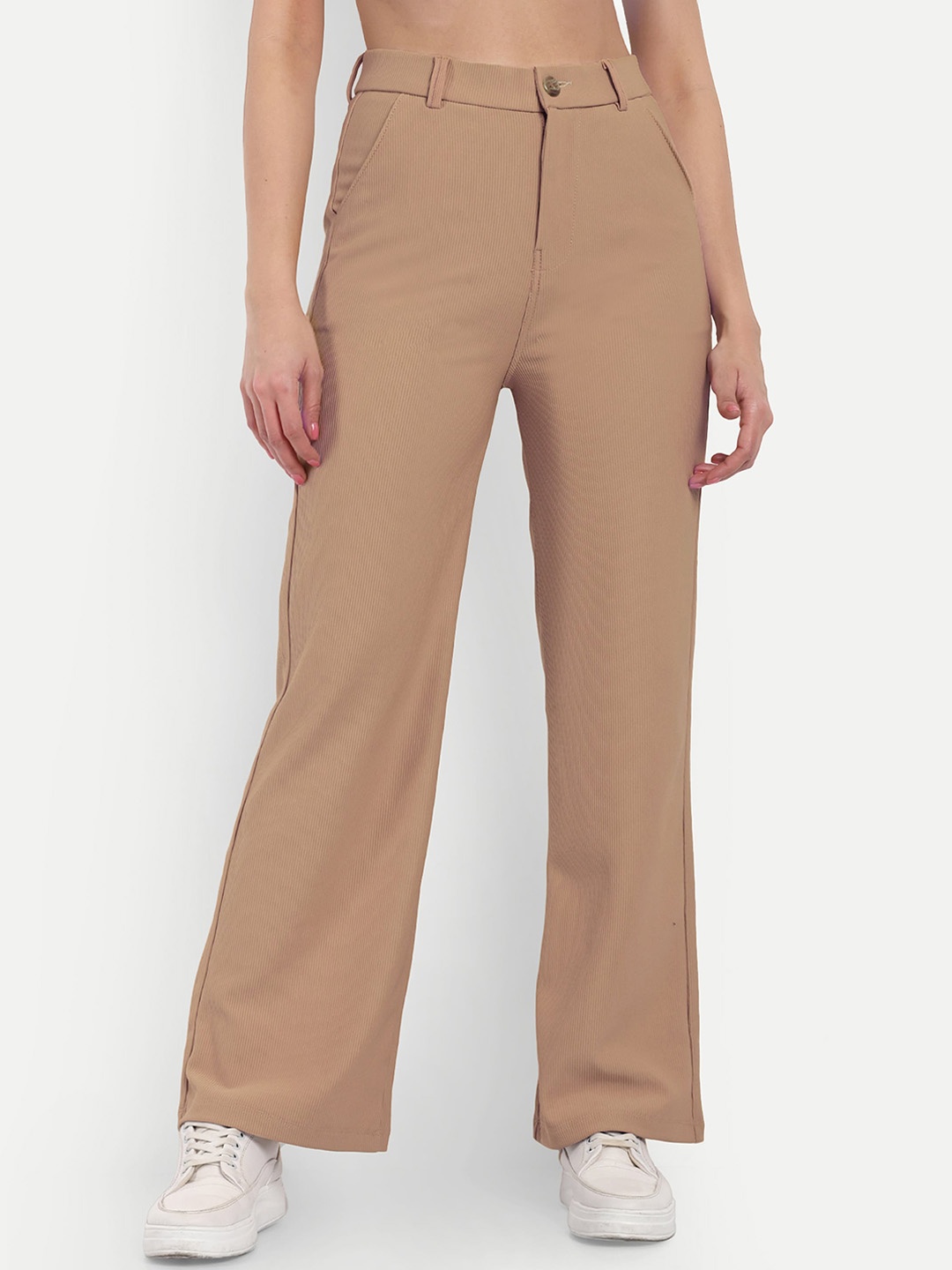 

Next One Women Smart Straight Fit High-Rise Easy Wash Corduroy Trousers, Beige