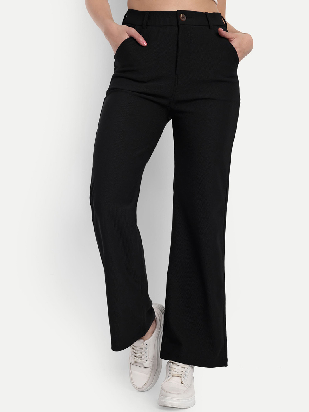 

Next One Women Smart Straight Fit High-Rise Easy Wash Corduroy Trousers, Black