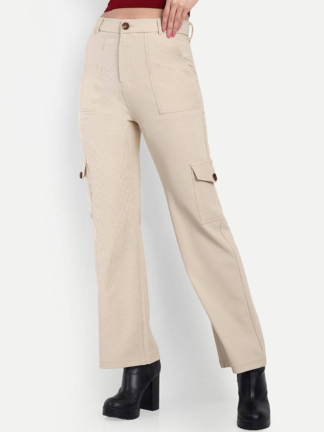 

BROADSTAR Women Smart Straight Fit High-Rise Easy Wash Corduroy Cargo Trouser, Beige