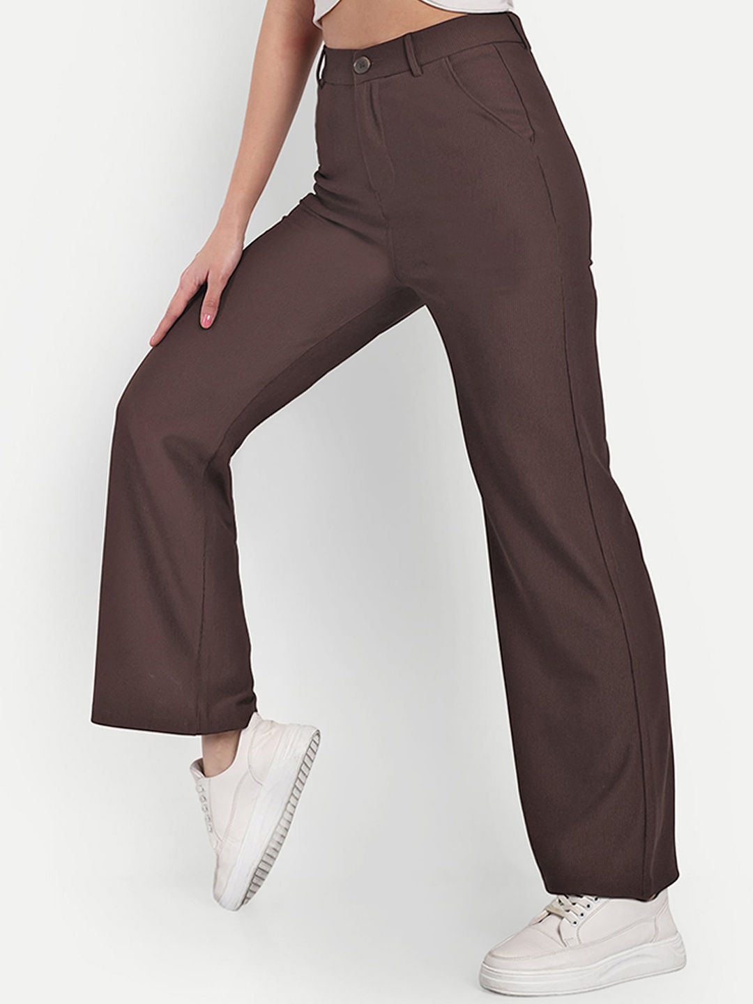 

BROADSTAR Women Smart Straight Fit High-Rise Easy Wash Corduroy Trousers, Brown