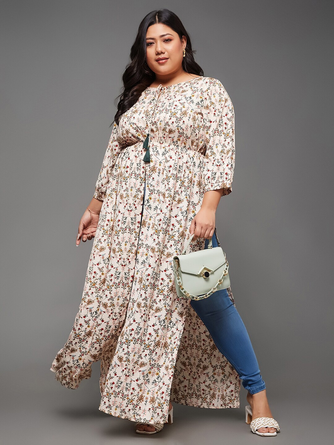 

Miss Chase A+ Plus Size Floral Print Tie-Up Neck Opaque Crepe Maxi Top, Peach