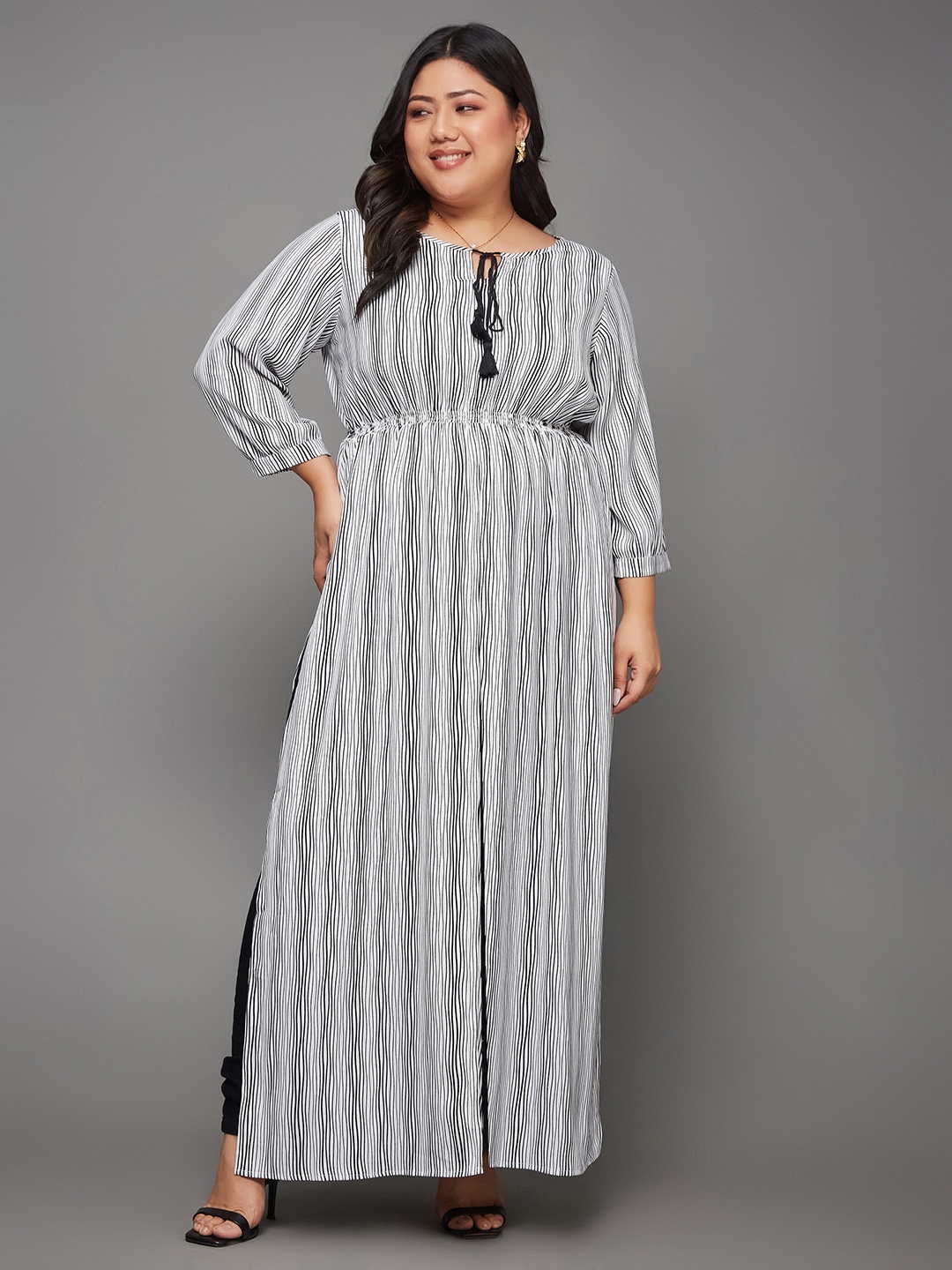 

Miss Chase A+ Plus Size Striped Tie-Up Neck Crepe Opaque Maxi Longline Top, Black