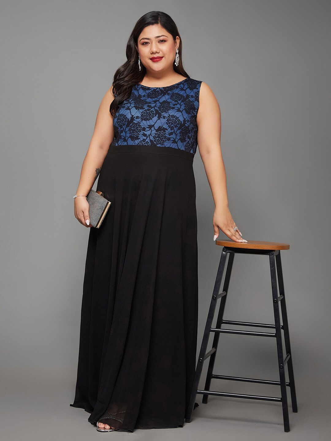 

Miss Chase A+ Plus Size Round Neck Lace Overlaid Georgette Maxi Dress, Black