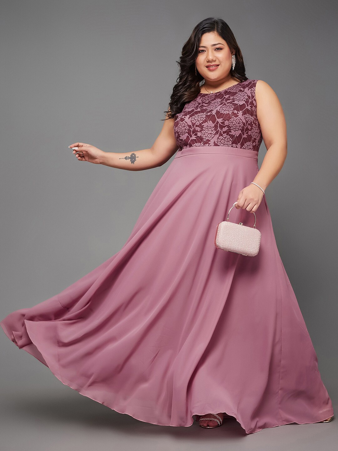 

Miss Chase A+ Plus Size Round Neck Sleeveless Lace Overlaid Georgette Maxi Dress, Lavender