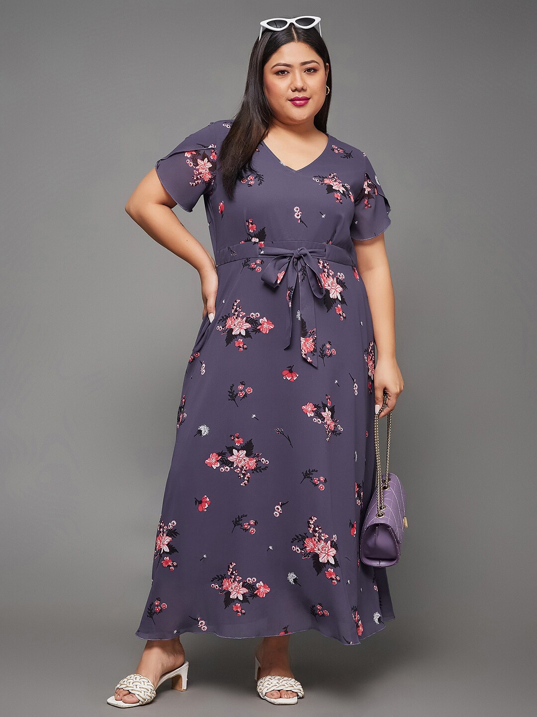 

Miss Chase A+ Plus Size V Neck Floral Printed Georgette Maxi Dress With Front Tie-Up, Purple