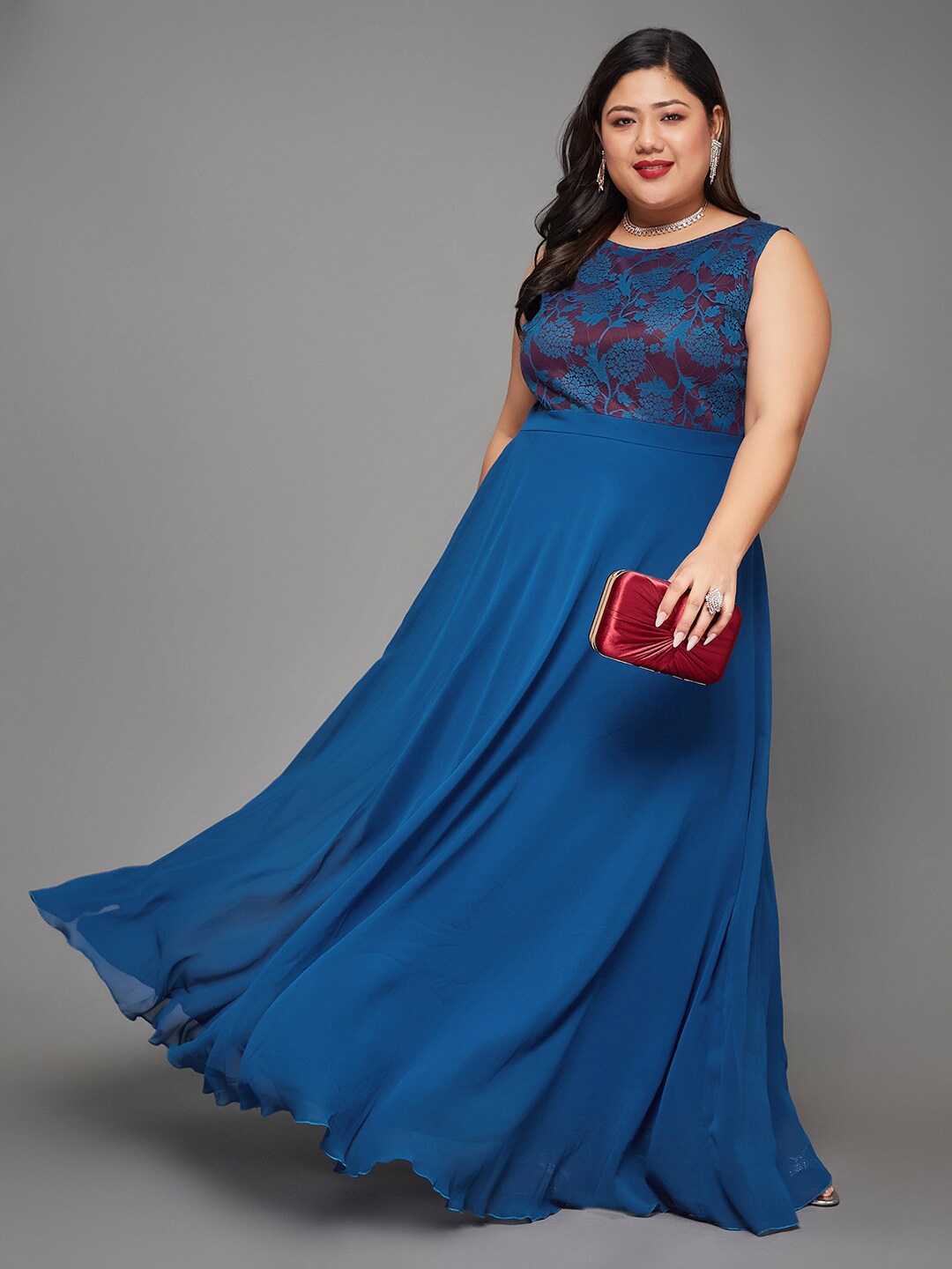 

Miss Chase A+ Plus Size Round Neck Sleeveless Georgette Floral Lace Fit & Flare Maxi Dress, Blue
