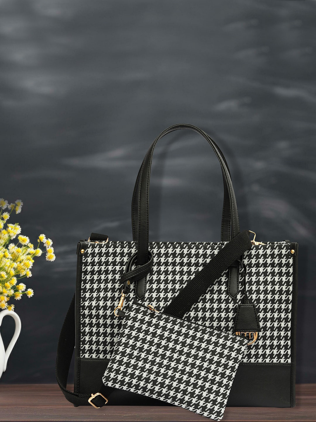 

Bagsy Malone Geometric Printed Structured Handheld Bag With Pouch, Black