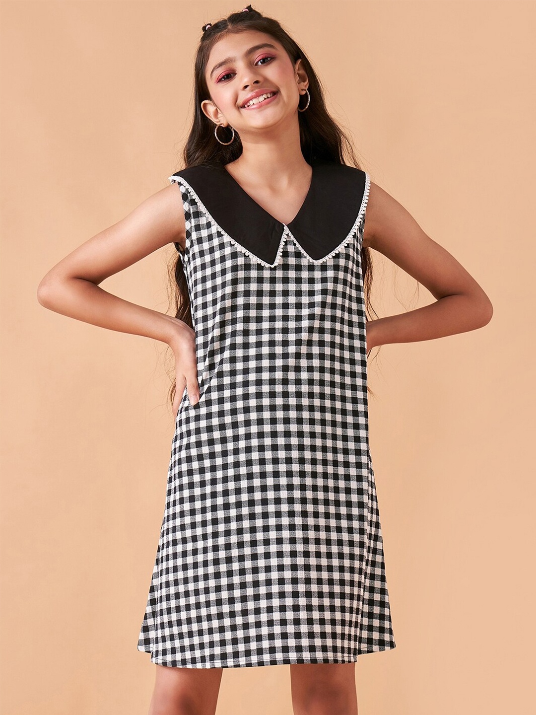 

Cherry & Jerry Girls Checked Peter Pan Collar A-Line Dress, Black
