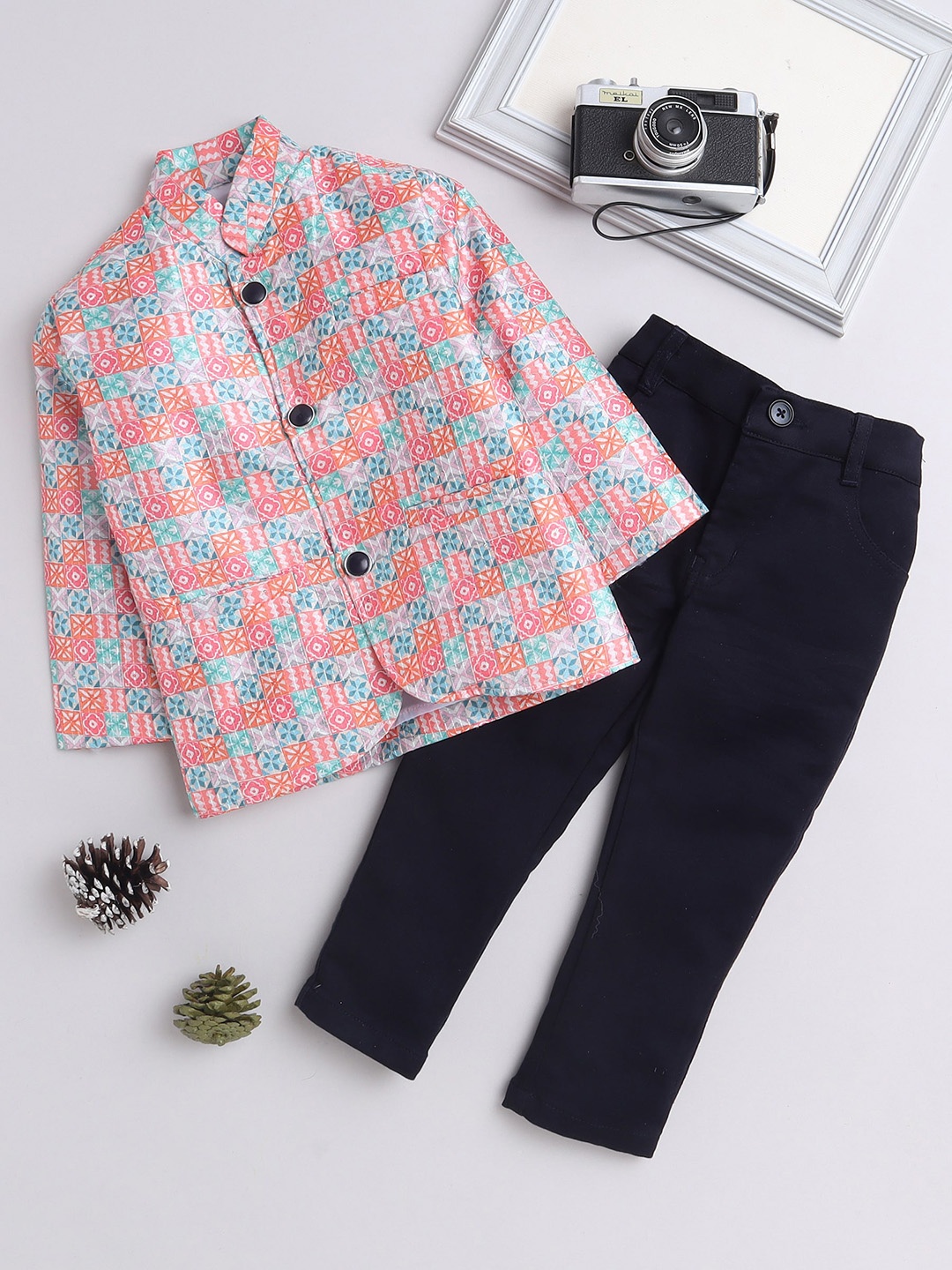

BAESD Boys Printed Single Breasted Two Piece Bandhgala Suit, Orange