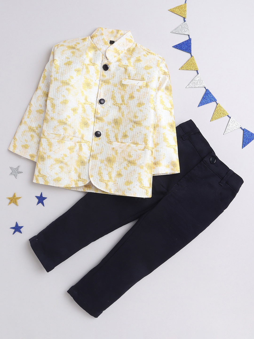 

BAESD Boys Printed Single Breasted Two Piece Bandhgala Suit, Yellow