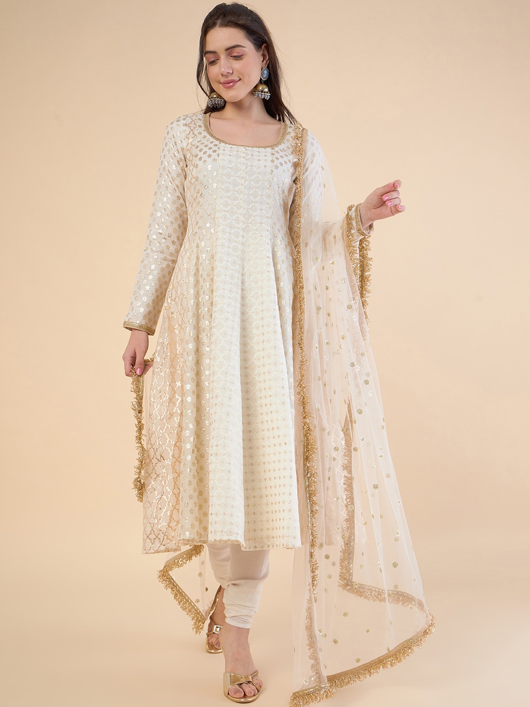 

ADORNIA Embroidered Panelled Chanderi Silk Kurta with Churidar & With Dupatta, Off white