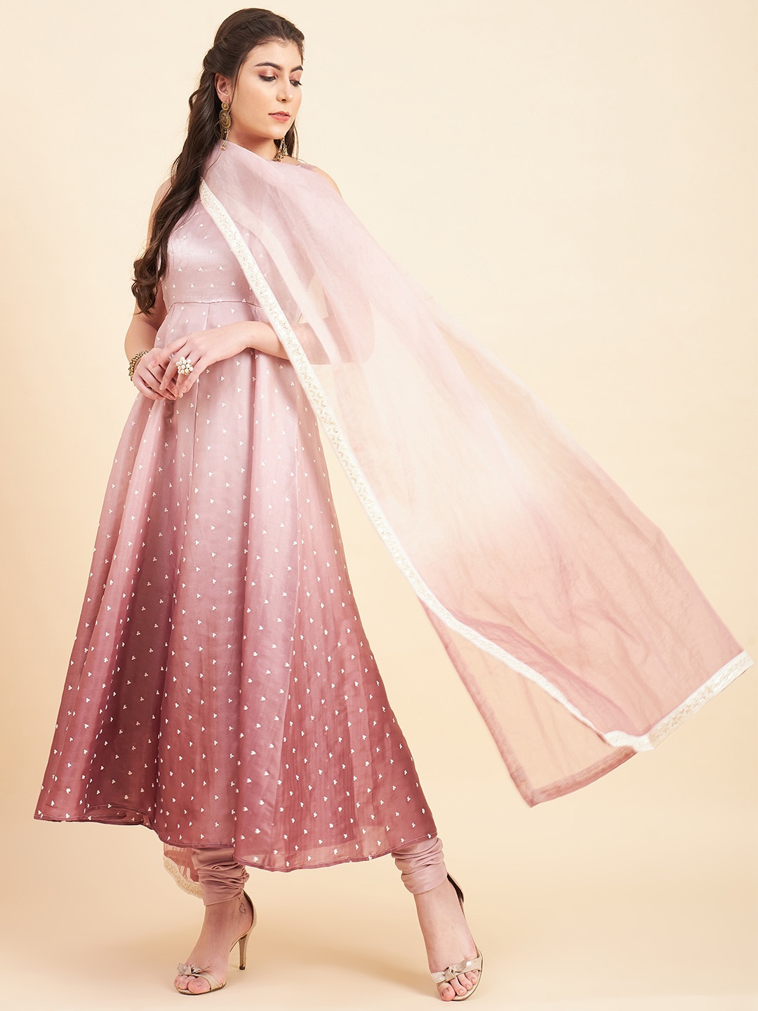 

ADORNIA Embroidered Empire Sequinned Silk Crepe Kurta with Churidar & With Dupatta, Rose