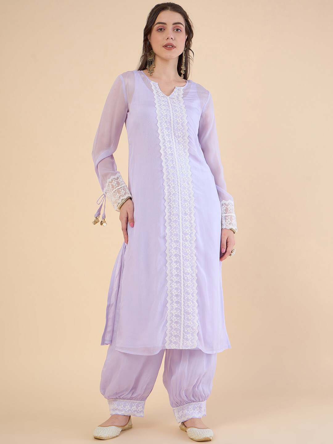 

ADORNIA Floral Embroidered Organza Regular Kurta with Salwar, Lavender