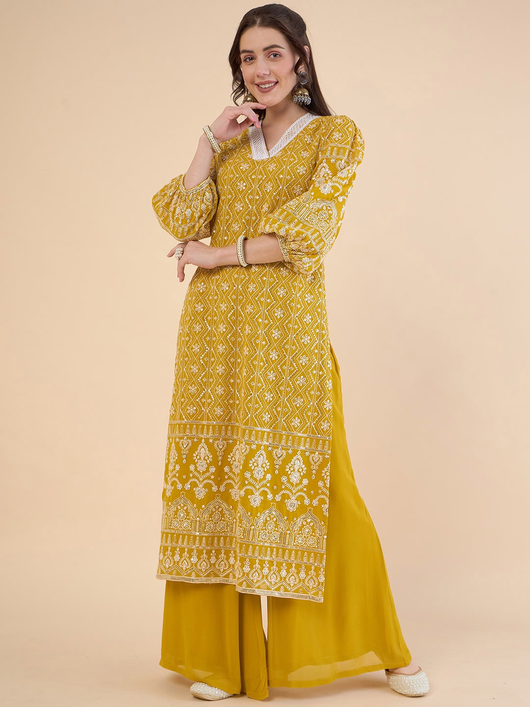 

ADORNIA Embroidered Regular Chikankari Kurta with Palazzos, Yellow