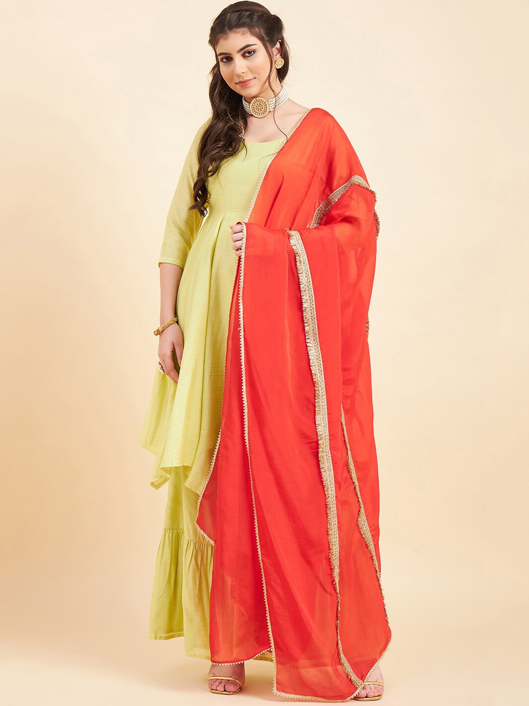 

ADORNIA Empire Gotta Patti Chanderi Silk Kurta with Sharara & With Dupatta, Lime green