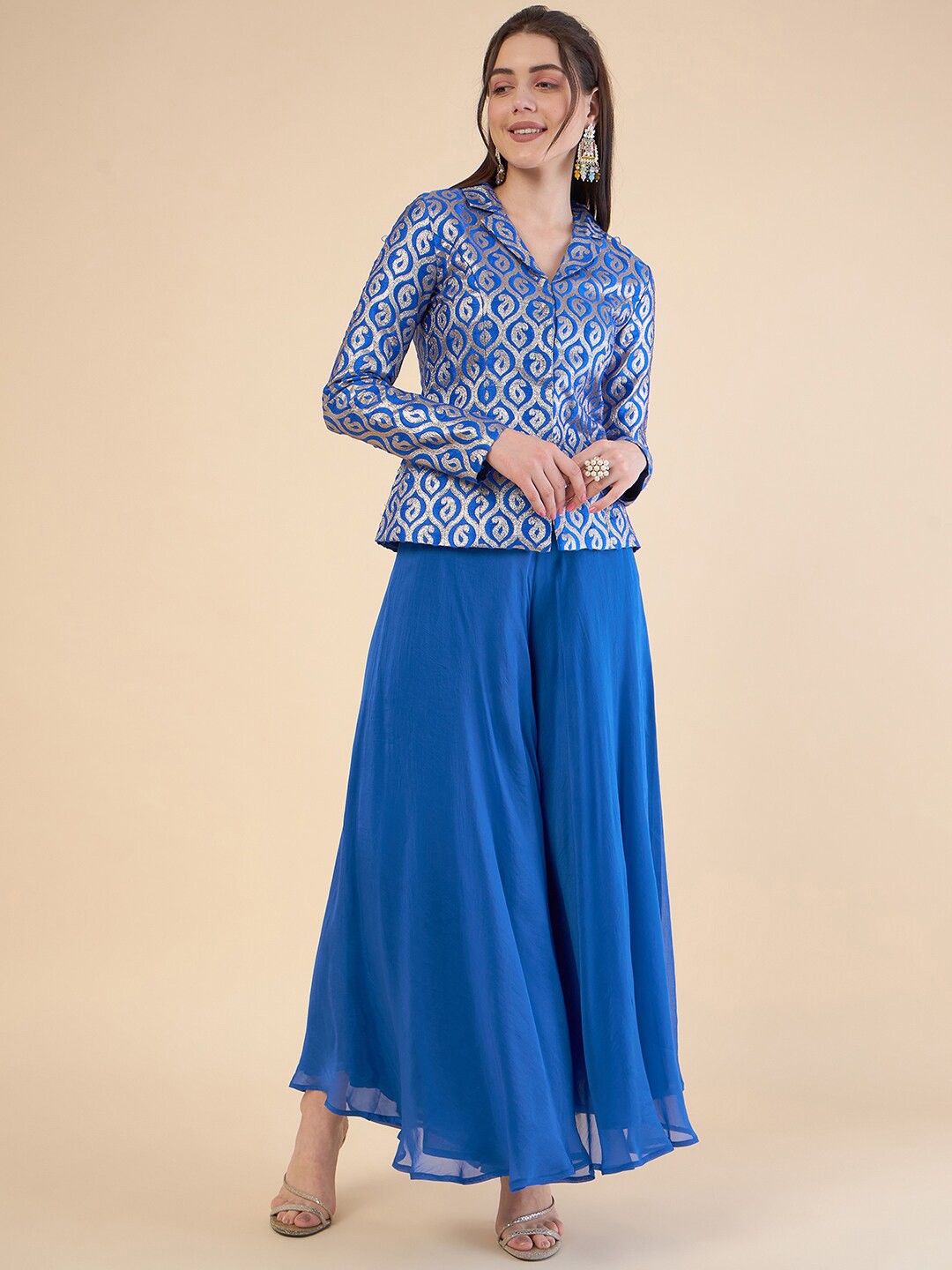 

ADORNIA Woven Design Lapel Collar Jacket and Organza Palazzo, Blue