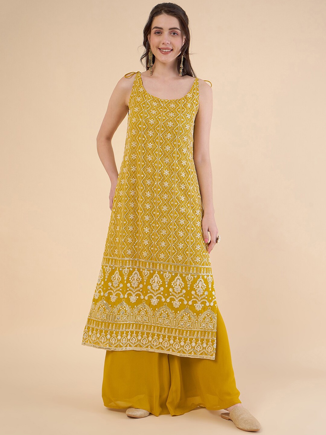 

ADORNIA Paisley Embroidered High Slit Chikankari Kurta with Palazzos, Yellow