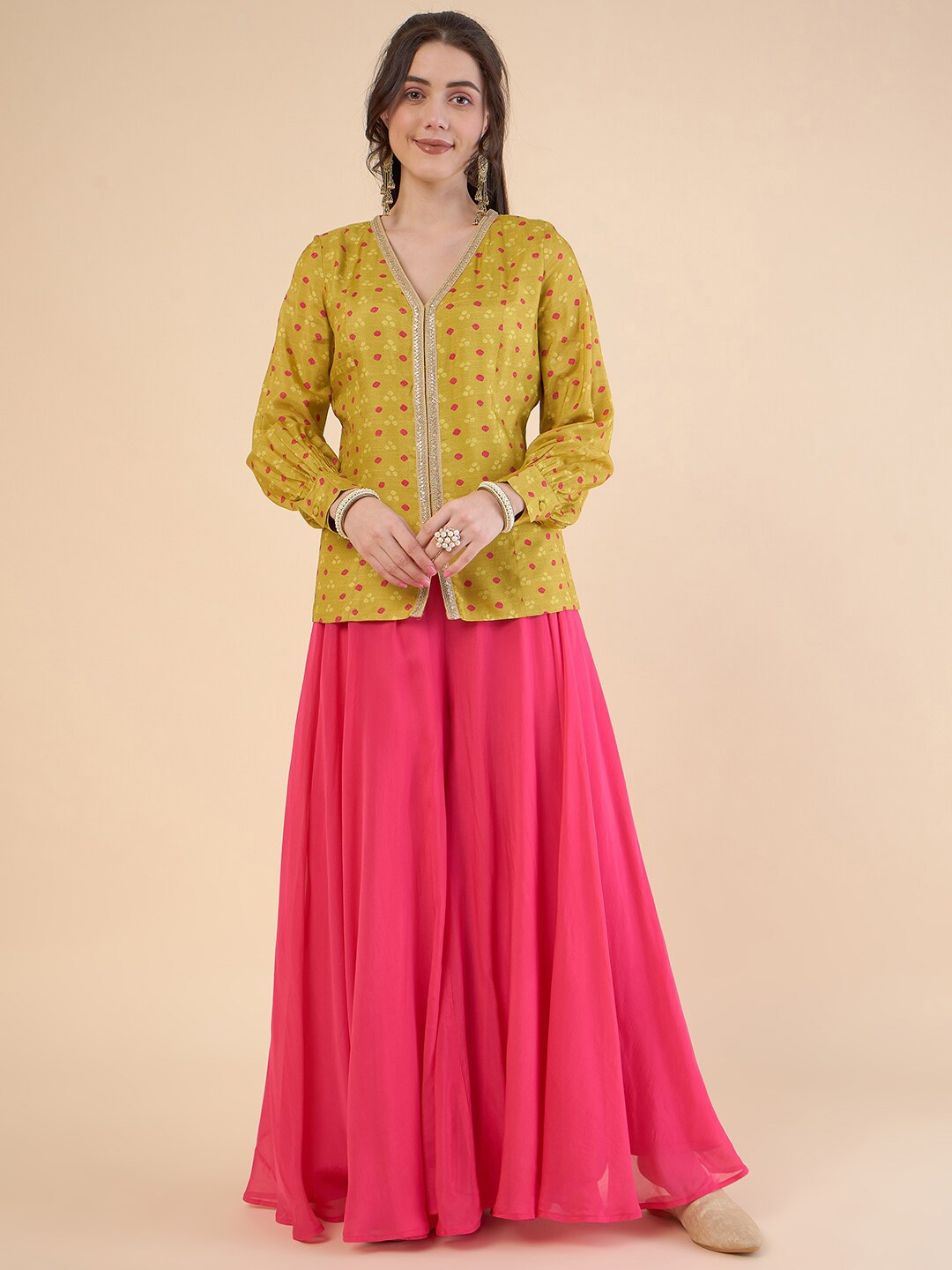 

ADORNIA Ethnic Motifs Printed Top With Palazzo, Yellow