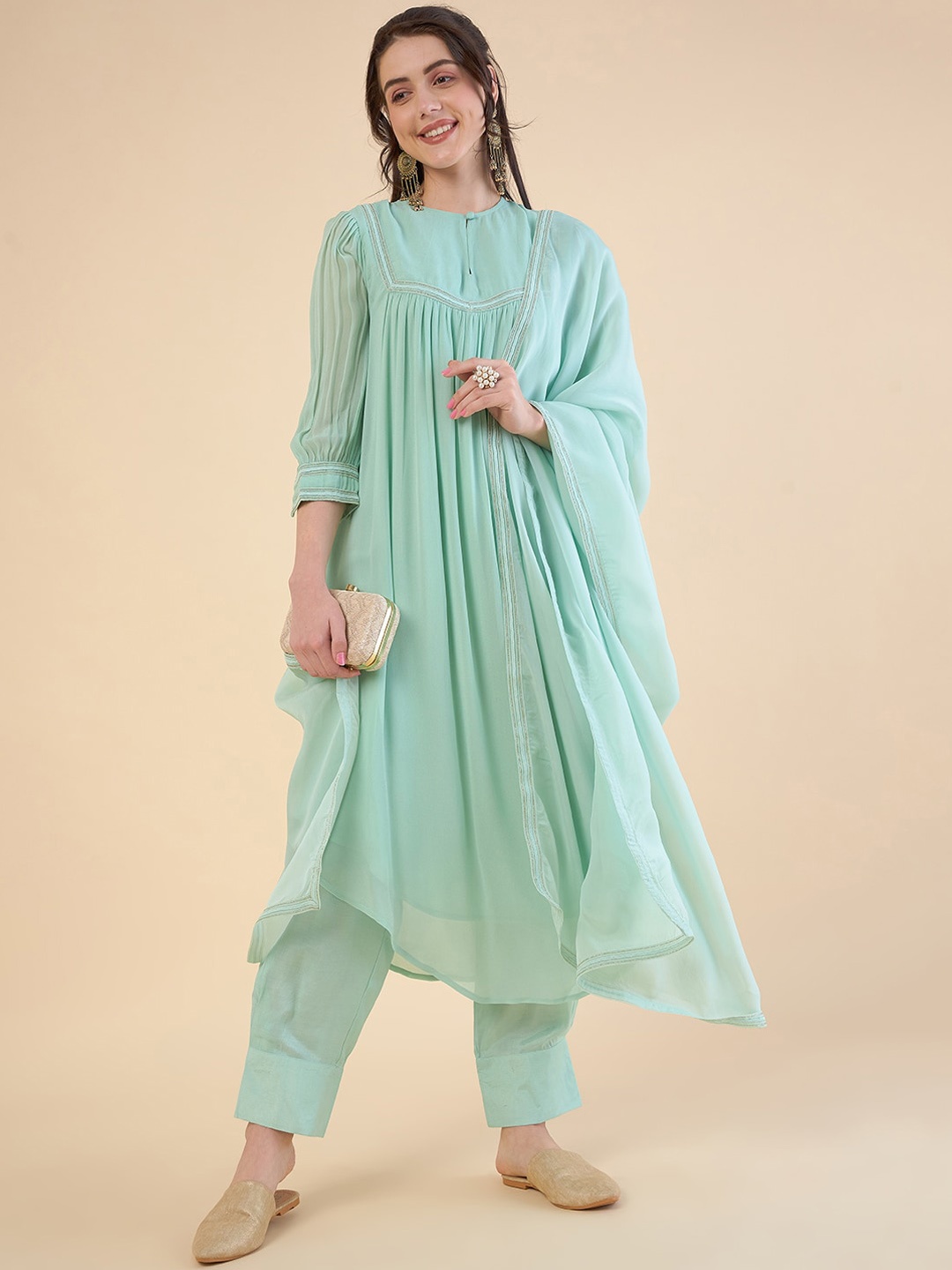 ADORNIA Empire Kurta with Dhoti Pants & With Dupatta, Sea green