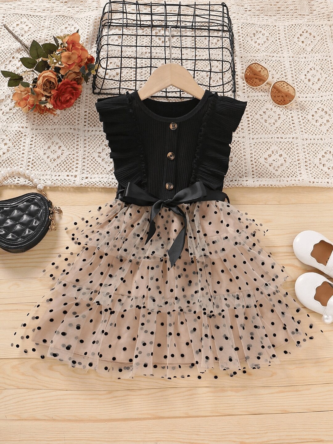 

BAESD Girls Floral Dot Printed Bow Embellished Fit & Flare Dress, Black