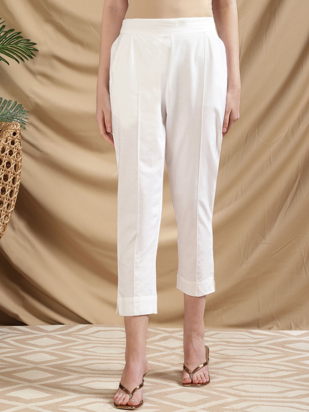 

Rangita Women Pencil Mid-Rise Slim Fit Cotton Trousers, White