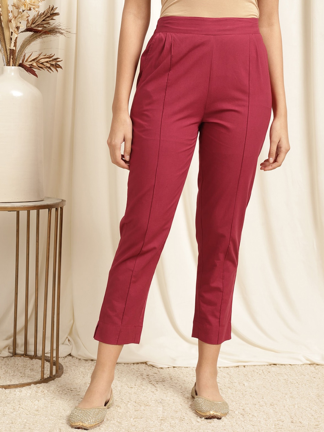 

Rangita Women Pencil Mid Rise Slim Fit Pleated Cotton Trousers, Maroon