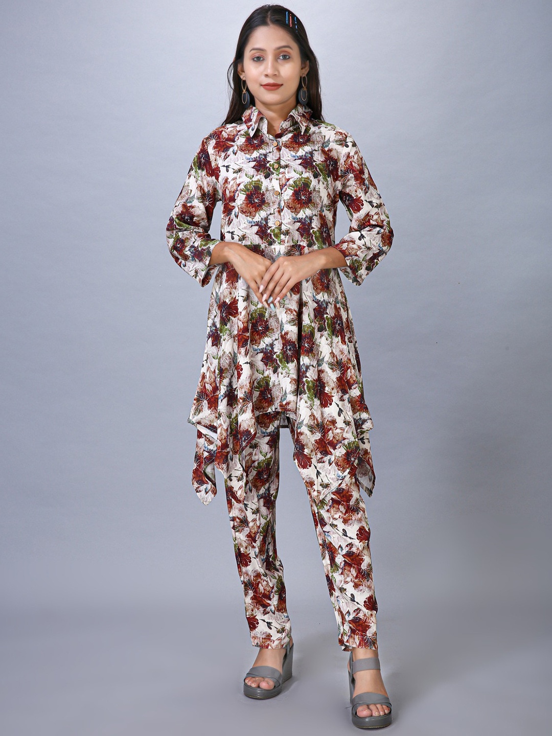 

MAIYEE Printed Shirt Collar Tunic & Trouser Co-Ord Set, Brown