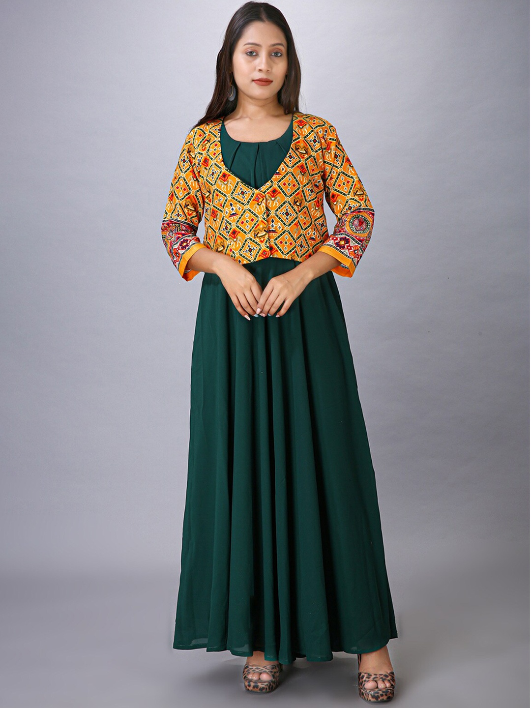 

MAIYEE Printed Georgette Maxi Dress, Green