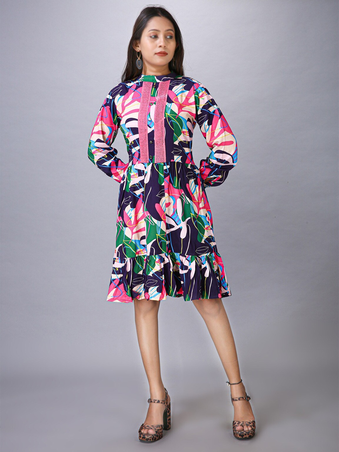 

MAIYEE Floral Printed Puff Sleeve Fit & Flare Midi Dress, Blue
